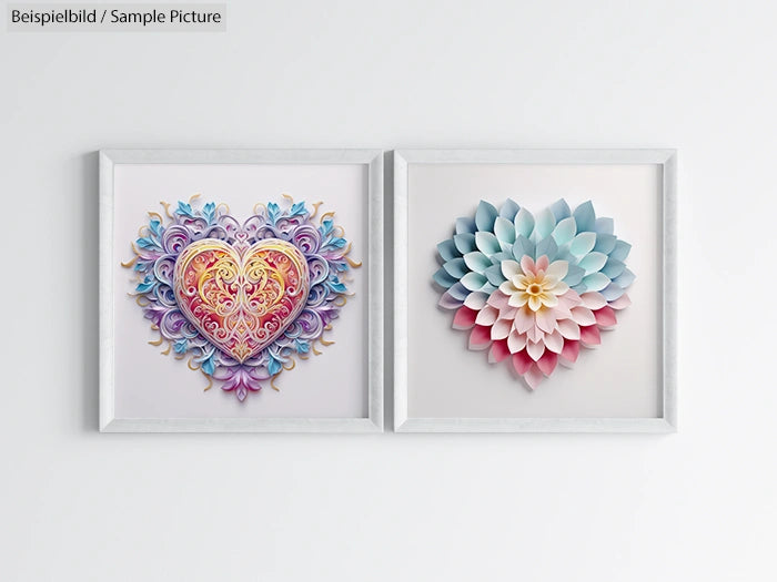 Two framed heart-shaped art pieces with intricate floral designs and layered paper flowers on a light wall.