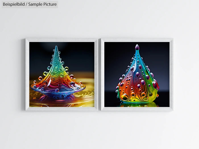 Two framed images of colorful liquid sculptures resembling vibrant, detailed droplets with rainbow-like gradients.