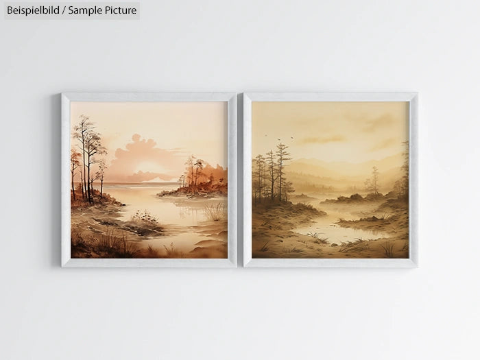 Two framed nature paintings depicting serene lakeside landscapes in muted earth tones.