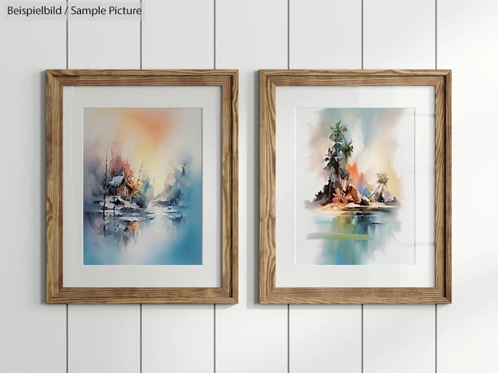 Two framed watercolor paintings of landscapes on a white paneled wall, featuring colorful abstract scenes with trees and water.