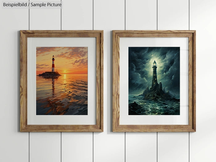 Two framed paintings of lighthouses: one at sunset, and the other in a stormy sea, hanging on a white paneled wall.