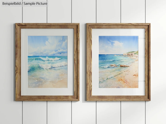 Two framed beach paintings with ocean views on a white paneled wall.