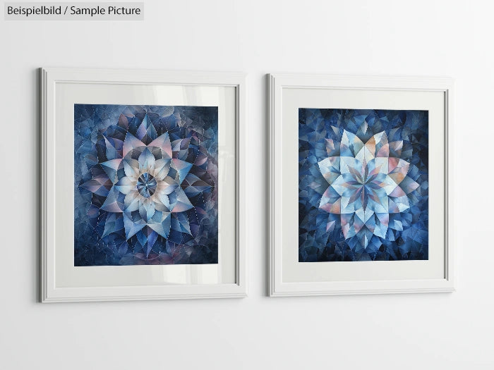 Two framed abstract paintings with geometric floral designs in blue tones on a white wall.