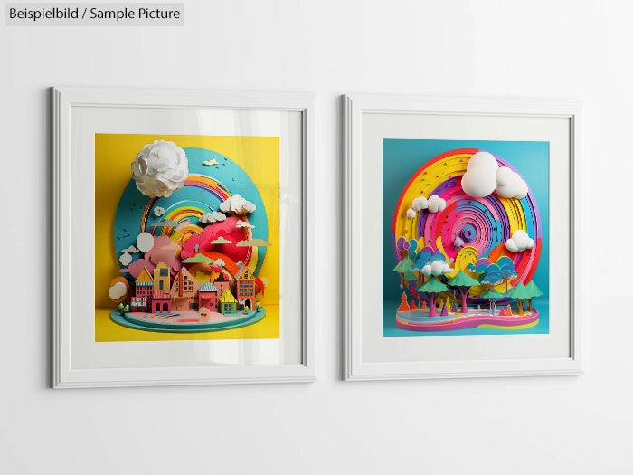 Colorful 3D framed art with rainbows, clouds, and a whimsical landscape on a white wall.