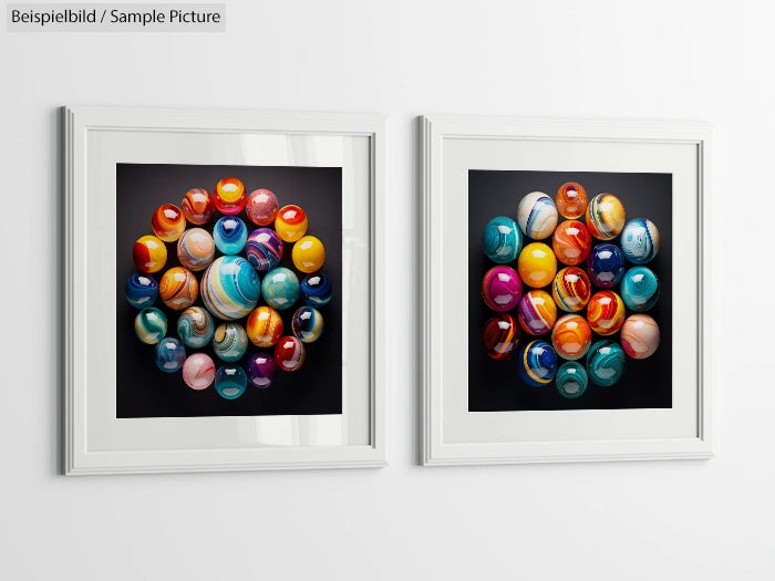 Two framed artworks featuring colorful, glossy spheres with abstract patterns, displayed on a white wall.