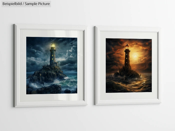 Two framed paintings of lighthouses; one in a stormy sea at night, the other with a fiery sunset background.