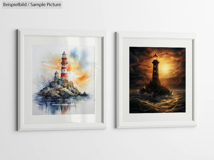 Two framed lighthouse paintings: one watercolor with vibrant skies, the other a dramatic, dark seascape.