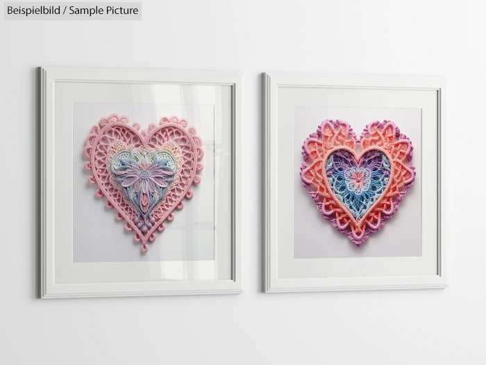 Two framed heart-shaped quilled paper art pieces in pink and purple hues on a white wall.