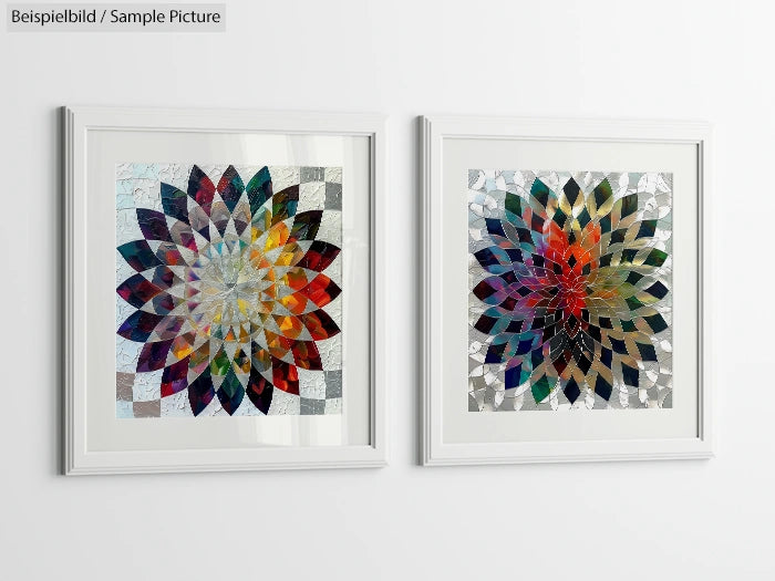 Two framed paintings of detailed geometric mandalas with vibrant colors and intricate patterns on a white wall.