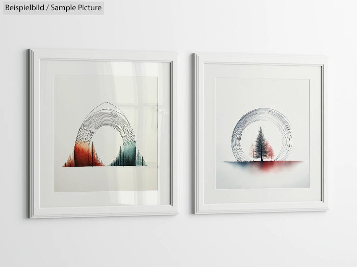 Two framed nature artworks on a white wall, depicting minimalistic landscapes with trees and circular patterns.