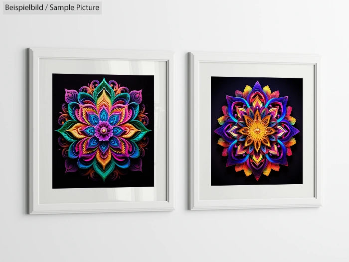 Two framed vibrant mandala artworks with intricate patterns and bright colors on a white wall.