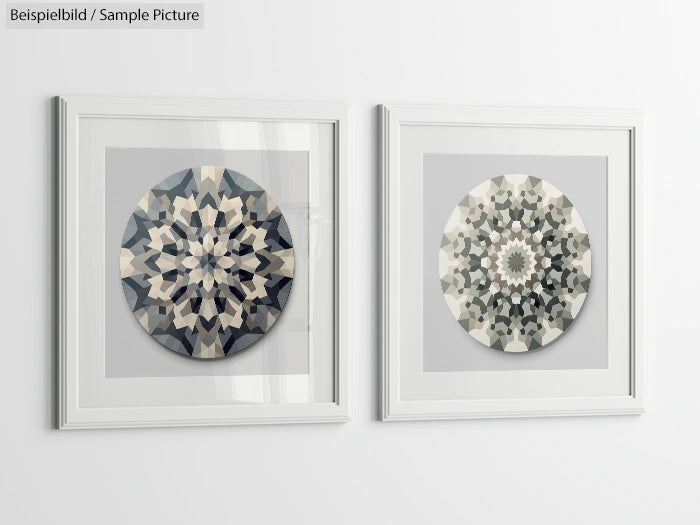 Two framed geometric mandala artworks on a white wall.