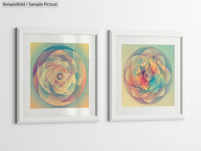 Two framed abstract geometric art pieces with overlapping colorful circles on a white wall.