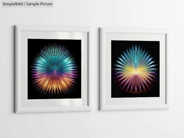 Two framed artworks with vibrant, abstract radial designs; one in cool tones, the other in warm tones, on a white wall.