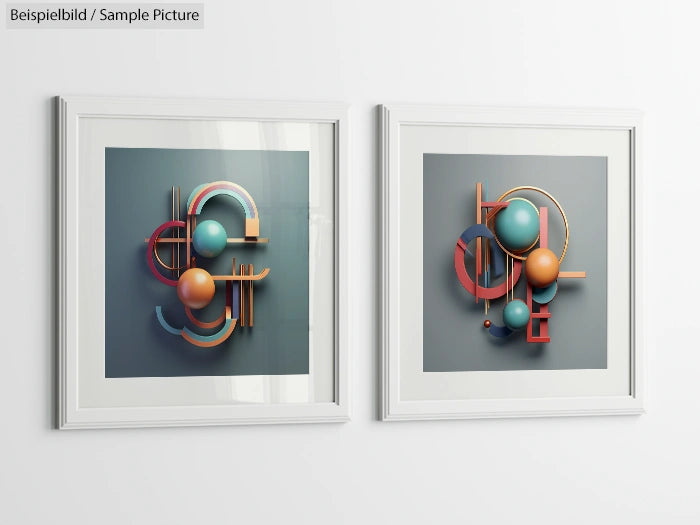 Two framed abstract geometric artworks with colorful spheres and lines on a gray background.