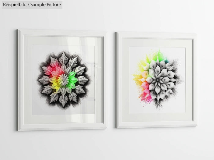 Two abstract floral prints in white frames, featuring colorful accents on a monochromatic base, hung on a white wall.