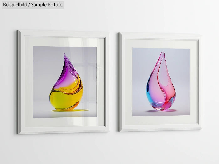 Two framed photos of colorful glass sculptures with pink, purple, yellow, and teal gradients, displayed on a white wall.