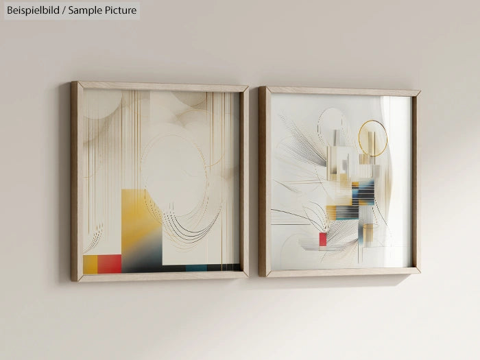 Pair of framed minimalist geometric abstract artworks on a wall, featuring lines and shapes in neutral tones.