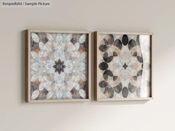 Two framed abstract geometric artworks with symmetrical patterns in neutral tones hanging on a beige wall.