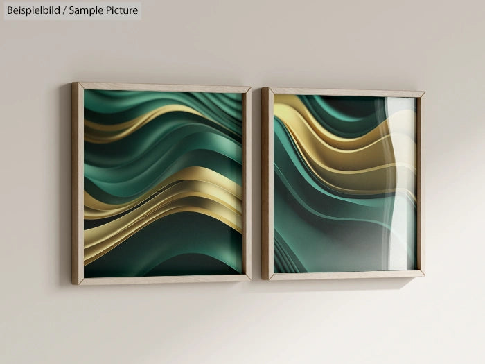 Two framed abstract art prints with green and gold wave patterns on a white wall.