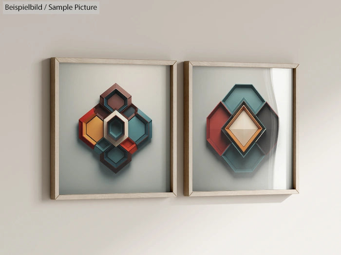 Wall art featuring geometric 3D shapes in hexagonal frames with white background.