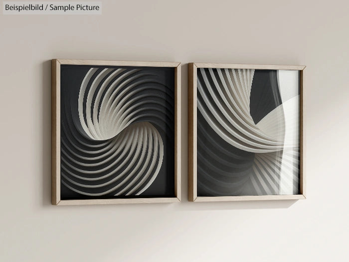 Two framed abstract prints with curved white lines on a dark background, mounted on a light-colored wall.