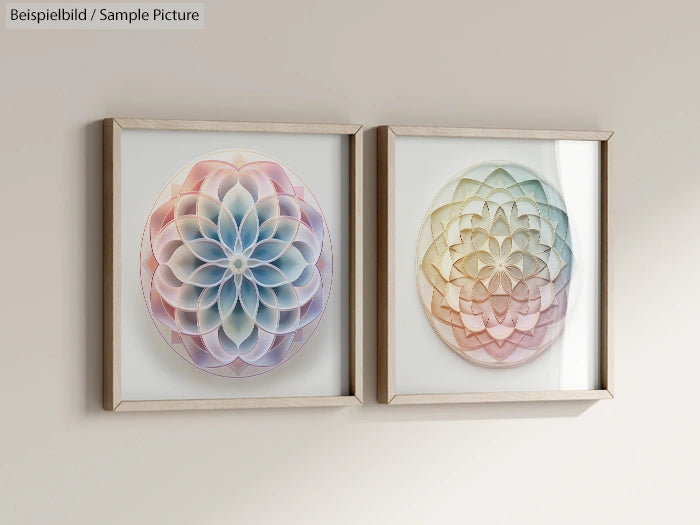 Two framed geometric mandala art prints, one with pastel blues and purples, the other with warm rainbow colors, on a wall.