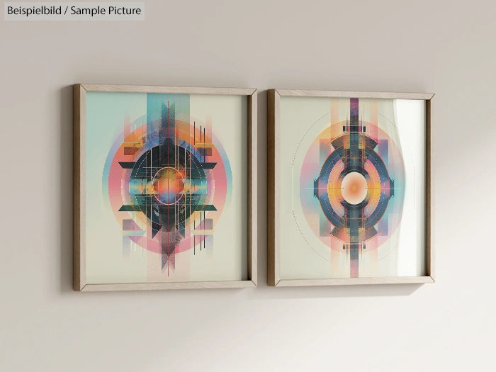 Two abstract geometric art pieces in frames with circular and linear patterns in pastel and vibrant colors.