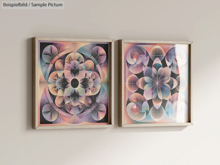 Two abstract geometric artworks with pastel colors in wooden frames on a light gray wall.