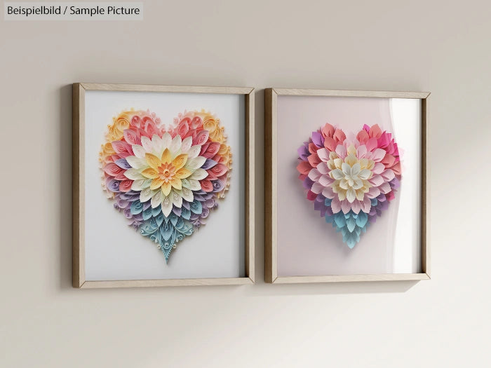 Two framed heart-shaped paper art pieces with colorful layered designs on a white wall.