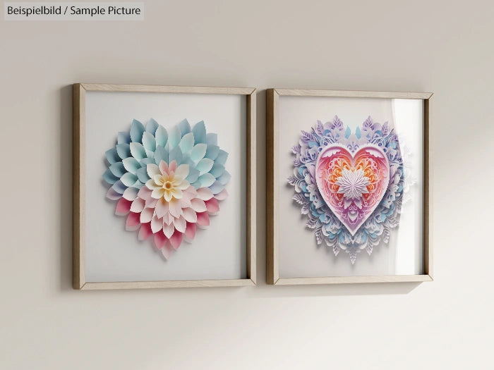 Two framed 3D floral artworks with pastel colors, one is blue and pink, the other is heart-shaped with purple and orange tones.