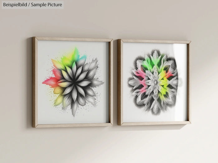 Two framed abstract flower prints with colorful accents on a light wall.