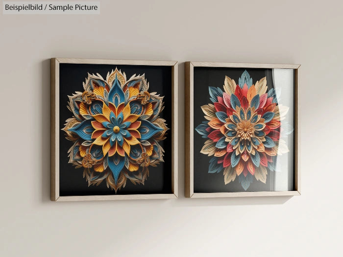 Two framed mandala artworks with intricate patterns in blue, orange, and beige tones on a light wall.