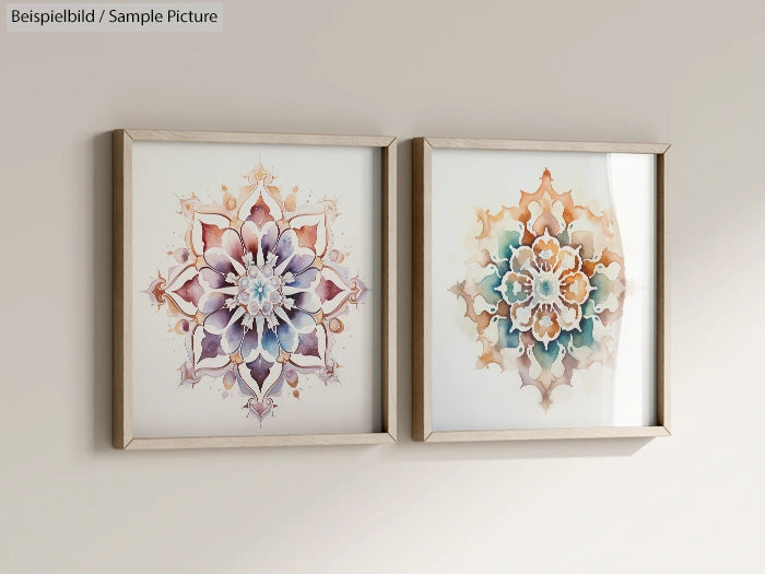 Two framed geometric mandala artworks with pastel colors on a neutral wall.