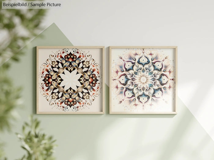 Two framed mandala artworks with intricate geometric patterns hanging on a pastel green wall.