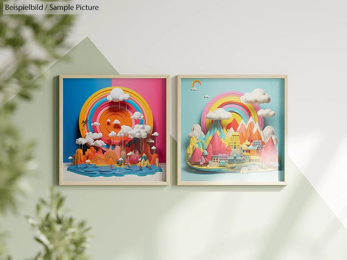 Framed 3D paper art of colorful landscapes with rainbows, clouds, mountains, and water, hanging on a wall.