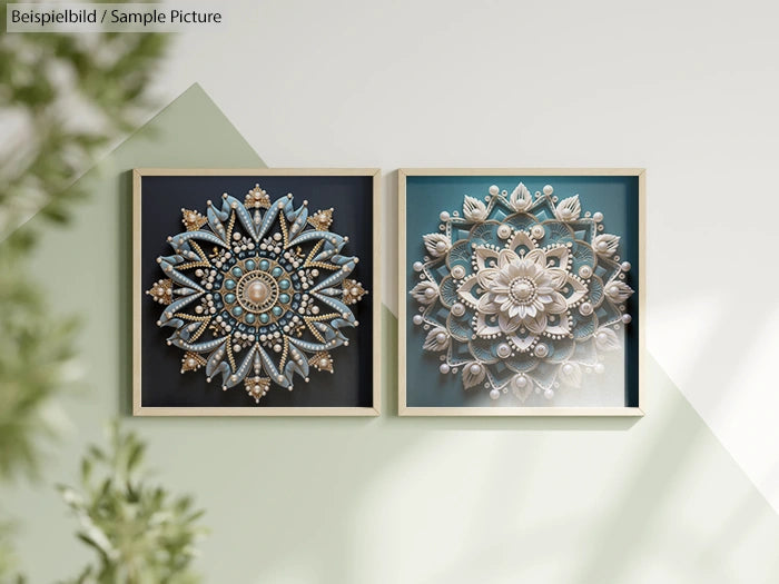 Wall decor featuring two ornate, symmetrical floral designs with intricate details, in shades of blue and white.