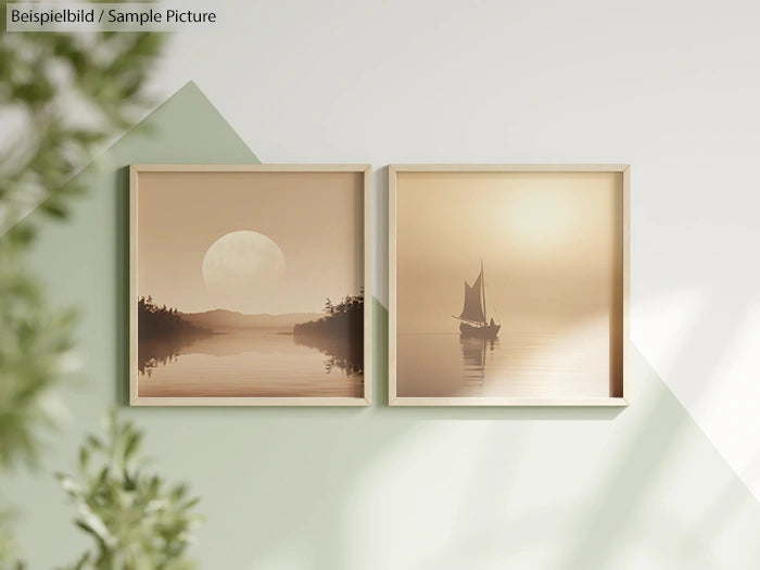 Pair of framed sepia-toned prints on wall, featuring a moonlit lake and a sailboat on tranquil water.