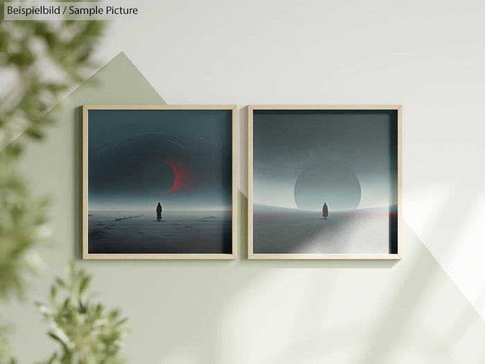 Two framed abstract prints on a wall; one with a red crescent and figure, the other with a gray eclipse and silhouette.