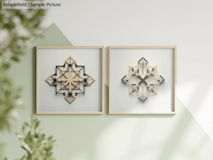 Two framed geometric wall art pieces with intricate patterns, featuring natural wood tones and mounted on a light wall.