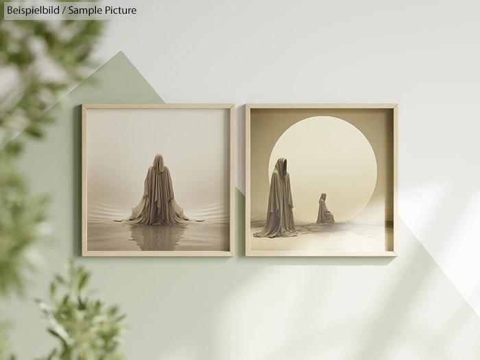 Two framed artworks of hooded figures in serene landscapes, one with a water reflection, on a light green and beige wall.