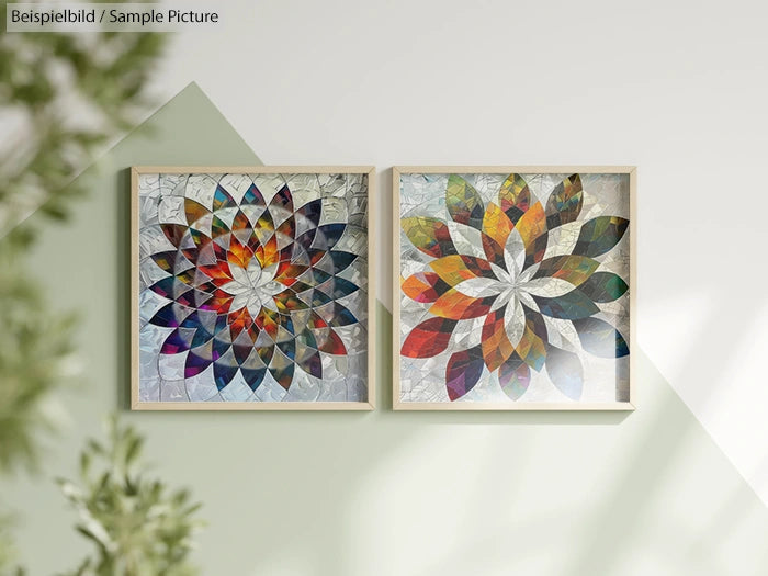 Two geometric floral artworks with multi-colored petal patterns in wooden frames, mounted on a light green wall.