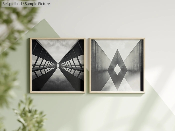 Two framed geometric black and white abstract photos on a green wall, with blurred foliage in the foreground.