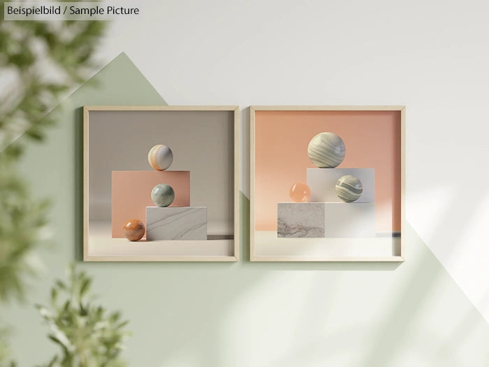 Two framed abstract art prints with spheres, cubes, and marble textures on pastel backgrounds, hanging on a light wall.