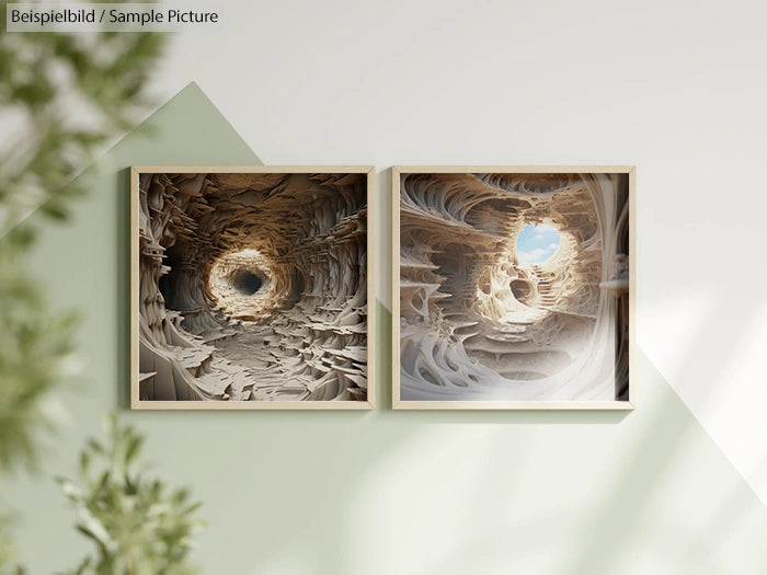 Two framed abstract images; one depicts a tunnel-like structure, the other a cave-like opening with a view of the sky.