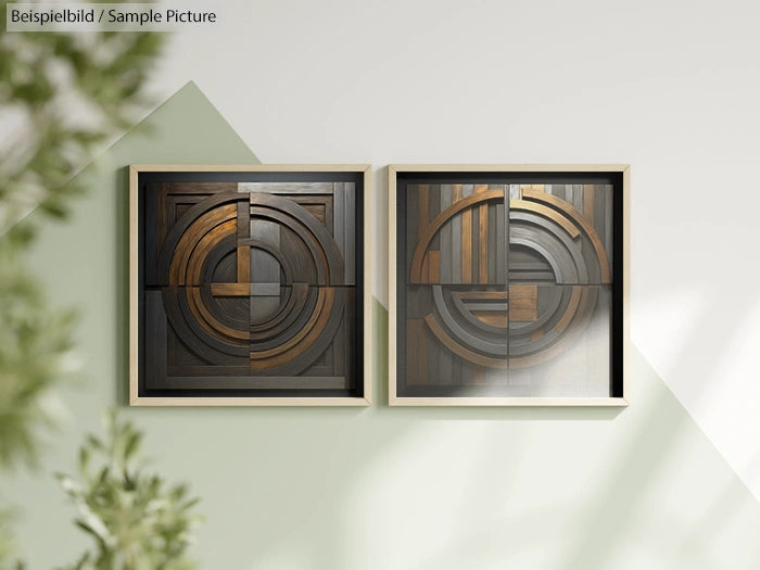 Two geometric wooden wall art pieces with circular patterns in brown and black tones, displayed on a light wall.