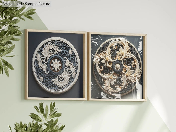 Two framed ornate circular designs with floral patterns, one silver and one gold, on a light-toned wall.