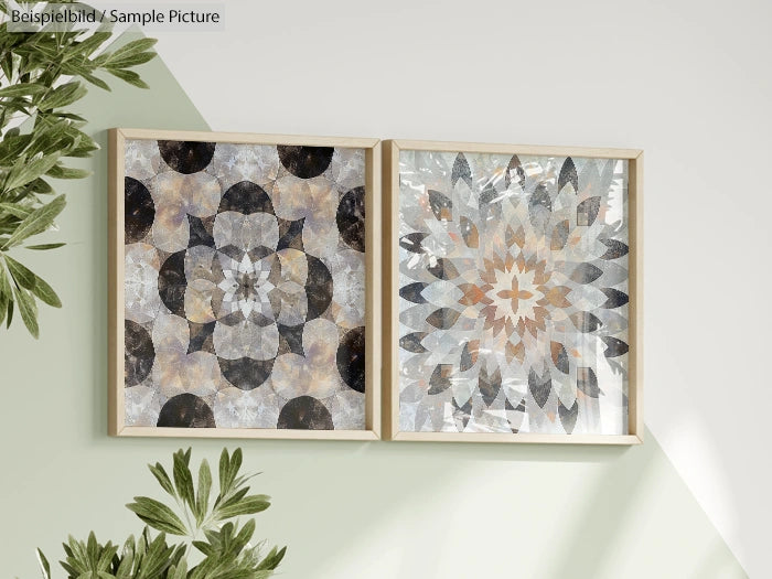 Two framed geometric art pieces on a light green wall, surrounded by leafy plants.