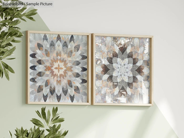 Two framed mandala artworks with leaf motifs, displayed on a light green wall.