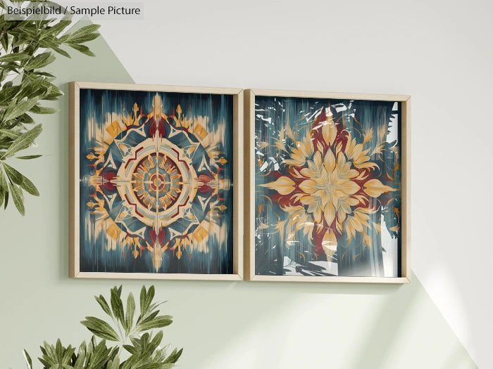 Two framed abstract artworks with floral and geometric patterns in beige and teal hues, displayed on a light green wall.